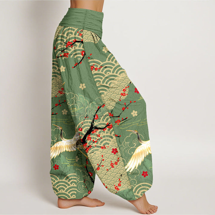 Pantalon harem en coton à taille élastique pour femme, imprimé de Buddha Stones, de grues, de nuages ​​porte-bonheur et de fleurs - image 7