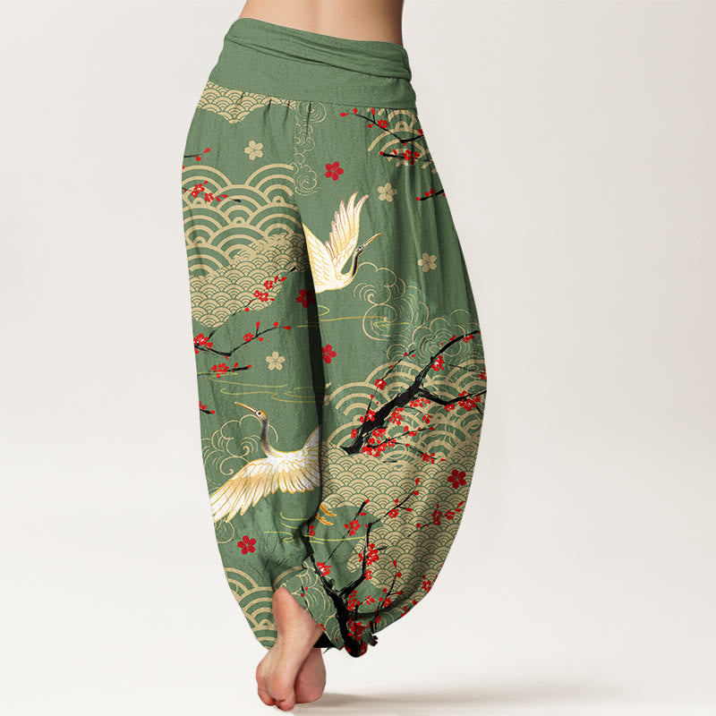 Pantalon harem en coton à taille élastique pour femme, imprimé de Buddha Stones, de grues, de nuages ​​porte-bonheur et de fleurs - image 6