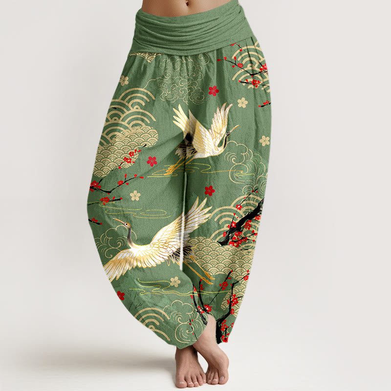 Pantalon harem en coton à taille élastique pour femme, imprimé de Buddha Stones, de grues, de nuages ​​porte-bonheur et de fleurs - Vert mer moyen - US16，UK/AU20，EU48 (3XL) - image 5
