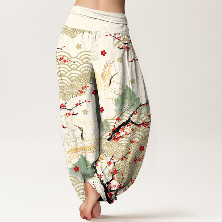 Pantalon harem en coton à taille élastique pour femme, imprimé de Buddha Stones, de grues, de nuages ​​porte-bonheur et de fleurs - image 9