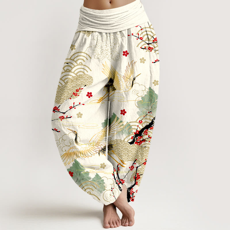 Pantalon harem en coton à taille élastique pour femme, imprimé de Buddha Stones, de grues, de nuages ​​porte-bonheur et de fleurs - Ivoire - US16，UK/AU20，EU48 (3XL) - image 8