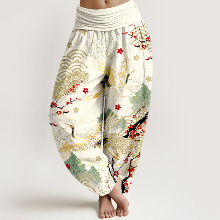 Pantalon harem en coton à taille élastique pour femme, imprimé de Buddha Stones, de grues, de nuages ​​porte-bonheur et de fleurs - Ivoire - US16，UK/AU20，EU48 (3XL) - image 8