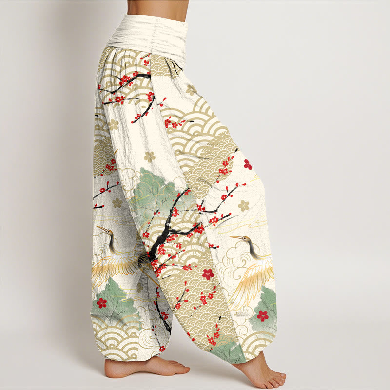 Pantalon harem en coton à taille élastique pour femme, imprimé de Buddha Stones, de grues, de nuages ​​porte-bonheur et de fleurs - image 10