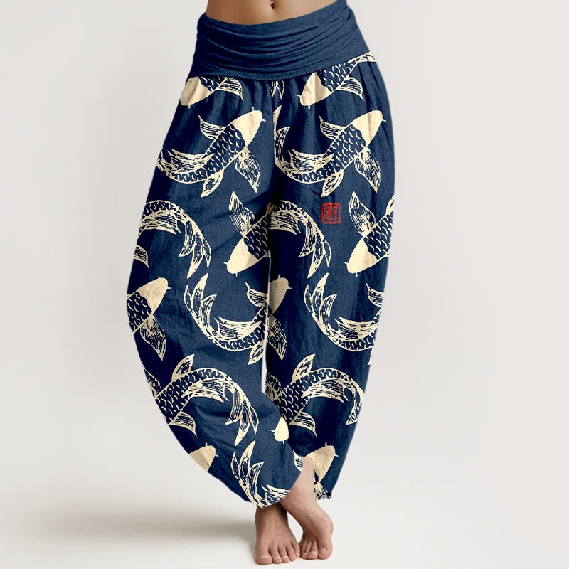 Pantalon harem taille élastique pour femme, en pur coton, motif Buddha Stones et poissons koi - SteelBlue - US16，UK/AU20，EU48 (3XL) - image 0