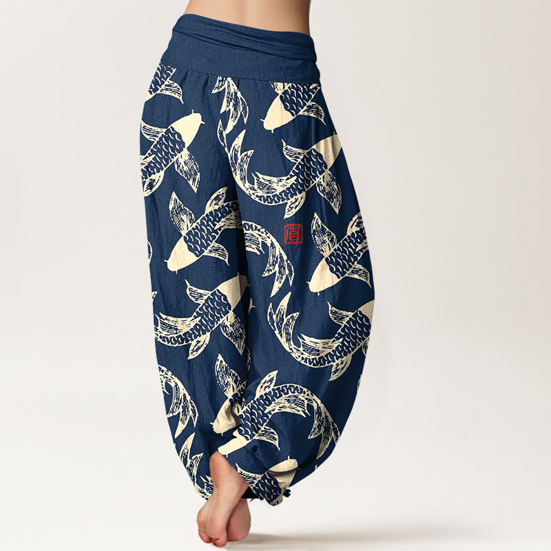 Pantalon harem taille élastique pour femme, en pur coton, motif Buddha Stones et poissons koi - image 1