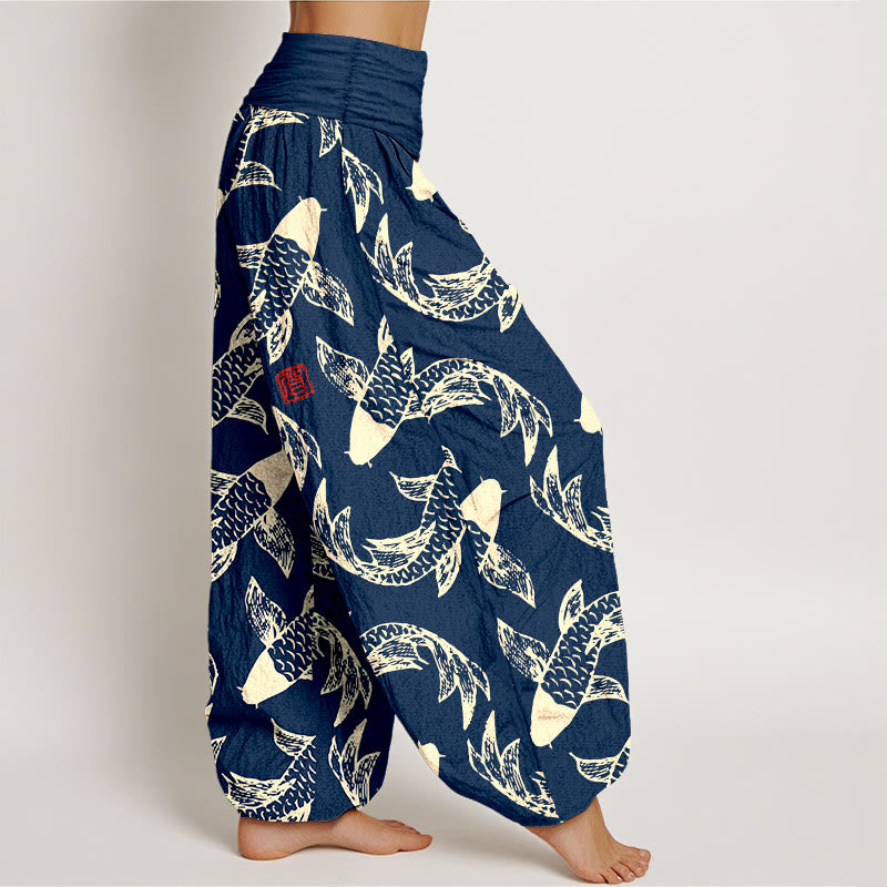 Pantalon harem taille élastique pour femme, en pur coton, motif Buddha Stones et poissons koi - image 2