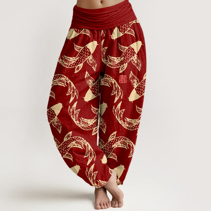 Pantalon harem taille élastique pour femme, en pur coton, motif Buddha Stones et poissons koi - FireBrick - US16，UK/AU20，EU48 (3XL) - image 5