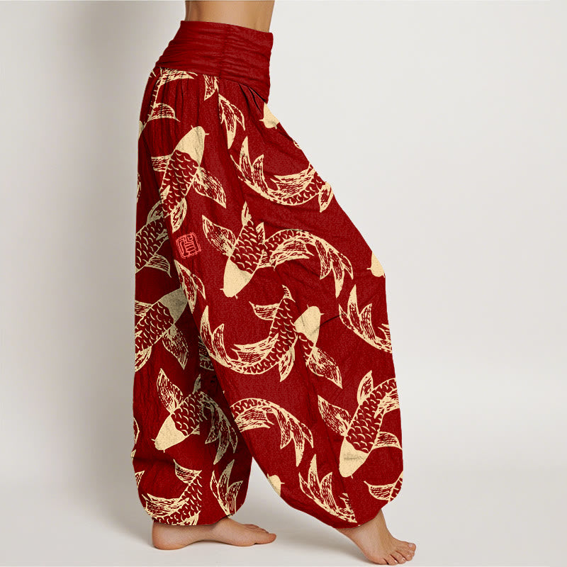 Pantalon harem taille élastique pour femme, en pur coton, motif Buddha Stones et poissons koi - image 7