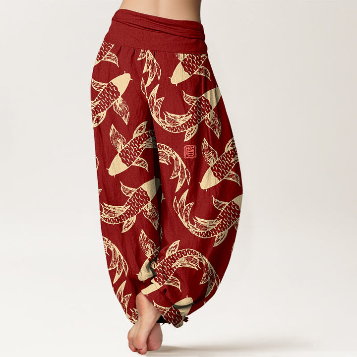 Pantalon harem taille élastique pour femme, en pur coton, motif Buddha Stones et poissons koi - image 6