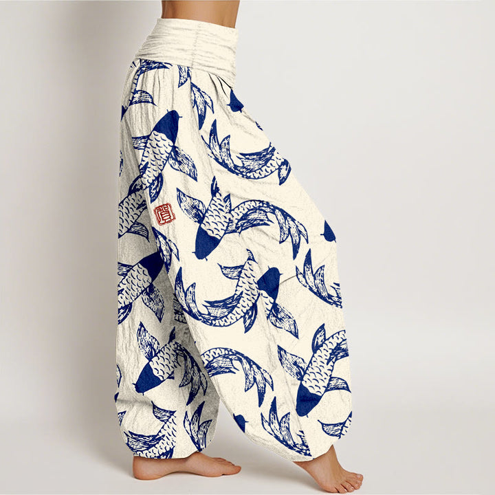 Pantalon harem taille élastique pour femme, en pur coton, motif Buddha Stones et poissons koi - image 10