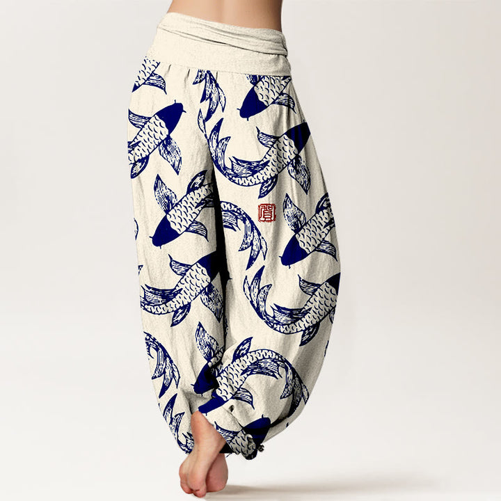 Pantalon harem taille élastique pour femme, en pur coton, motif Buddha Stones et poissons koi - image 6