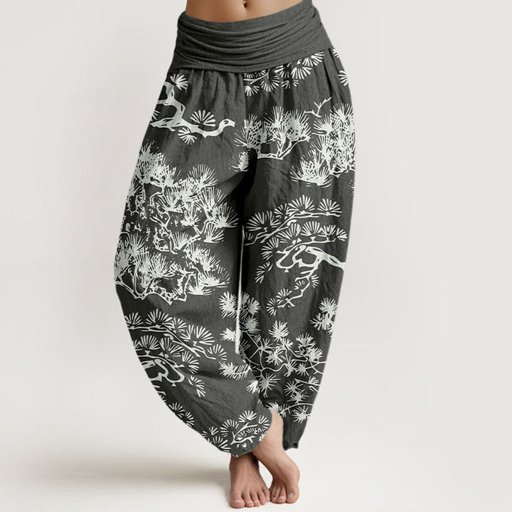 Pantalon harem pour femme, taille élastique, en pur coton , Buddha Stones et branches de pin - Noir - US16，UK/AU20，EU48 (3XL) - image 0