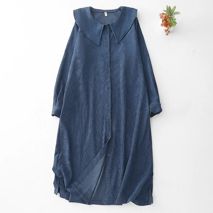 Robe midi en velours côtelé à manches longues et poches, ornée de boutons unis et de motifs de Buddha Stones - Bleu foncé - US8-10，UK/AU12-14，EU40-42 (2XL) - image 0