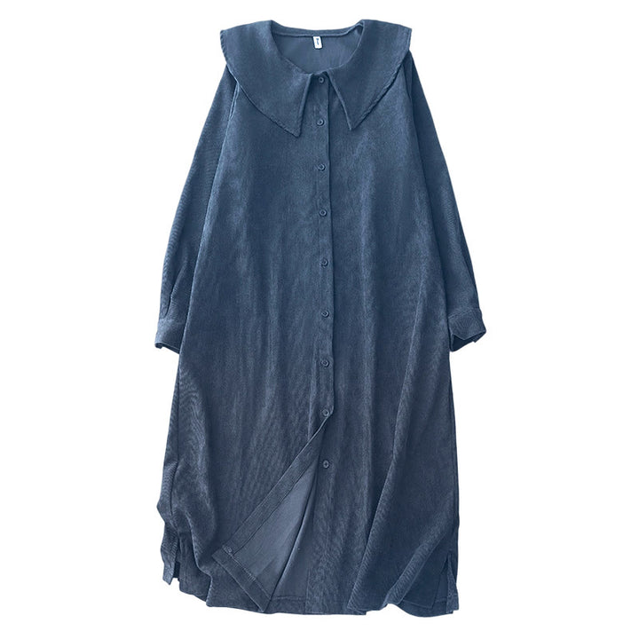 Robe midi en velours côtelé à manches longues et poches, ornée de boutons unis et de motifs de Buddha Stones - image 12