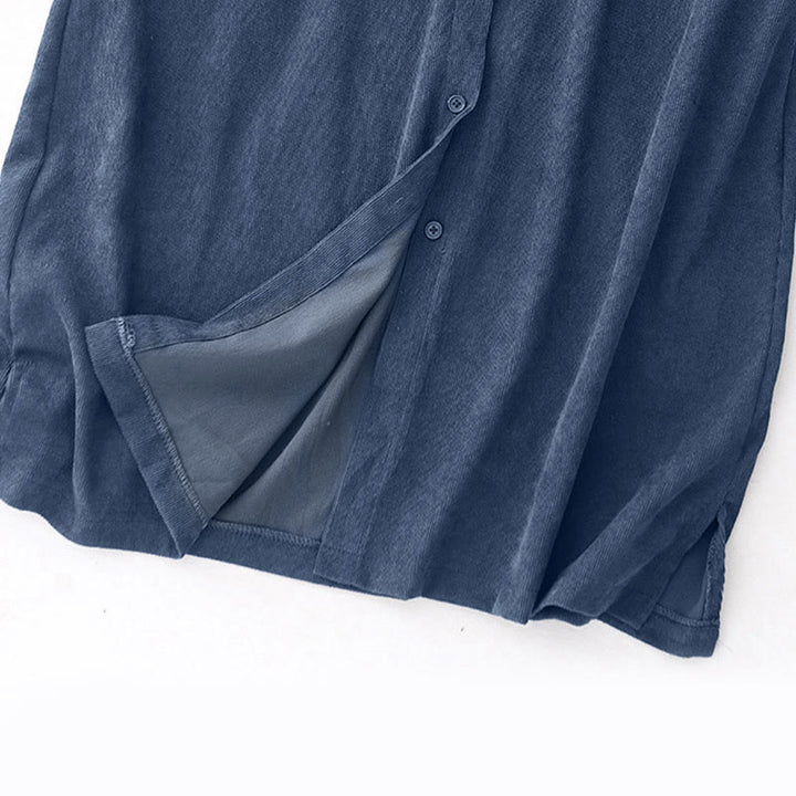 Robe midi en velours côtelé à manches longues et poches, ornée de boutons unis et de motifs de Buddha Stones - image 3