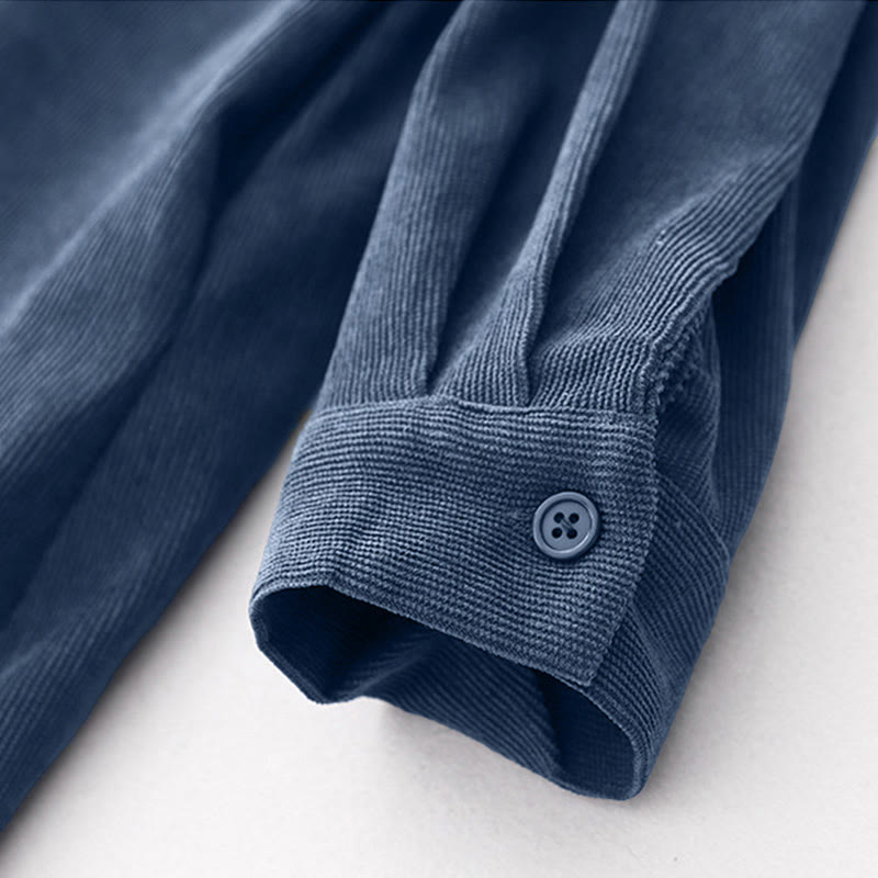 Robe midi en velours côtelé à manches longues et poches, ornée de boutons unis et de motifs de Buddha Stones - image 9