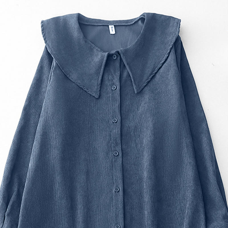 Robe midi en velours côtelé à manches longues et poches, ornée de boutons unis et de motifs de Buddha Stones - image 2