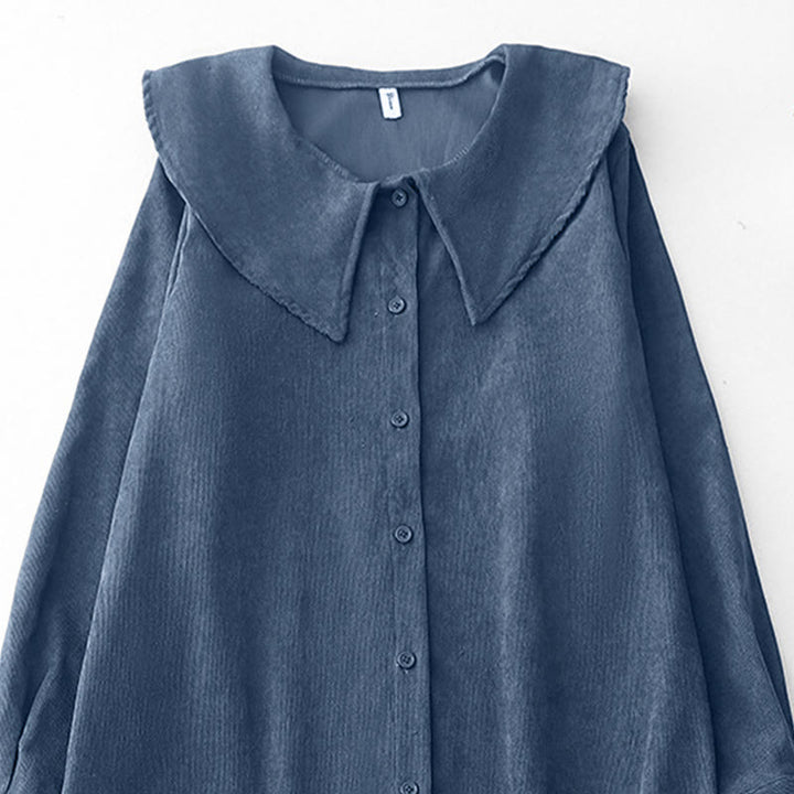 Robe midi en velours côtelé à manches longues et poches, ornée de boutons unis et de motifs de Buddha Stones - image 2