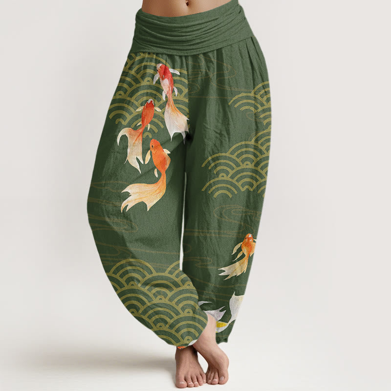 Pantalon harem pour femme en pur coton, motif vagues en éventail, orné de Buddha Stones et de carpes koï rouges. - Vert mer moyen - US16，UK/AU20，EU48 (3XL) - image 0