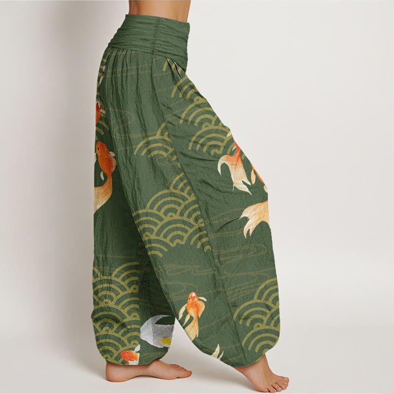 Pantalon harem pour femme en pur coton, motif vagues en éventail, orné de Buddha Stones et de carpes koï rouges. - image 2