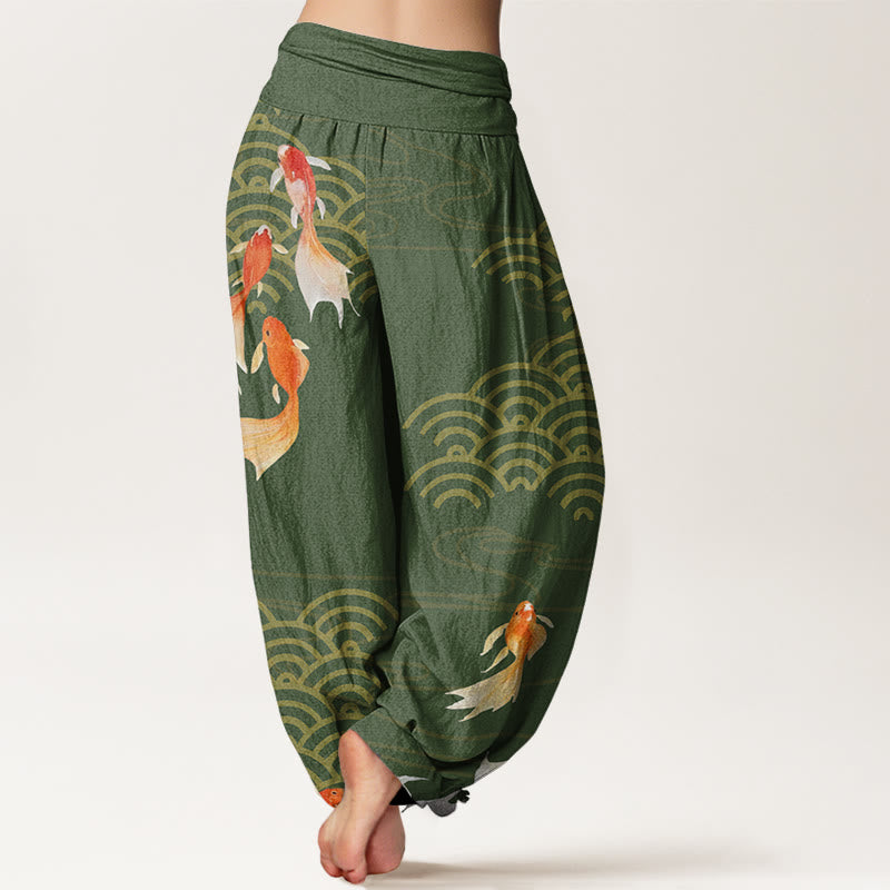 Pantalon harem pour femme en pur coton, motif vagues en éventail, orné de Buddha Stones et de carpes koï rouges. - image 1