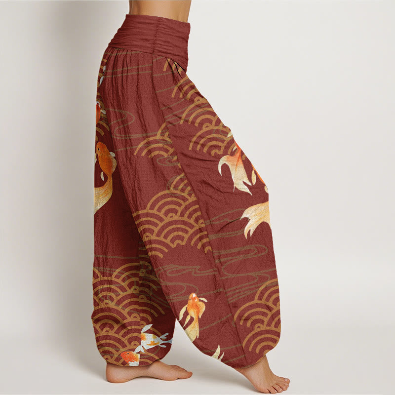 Pantalon harem pour femme en pur coton, motif vagues en éventail, orné de Buddha Stones et de carpes koï rouges. - image 7