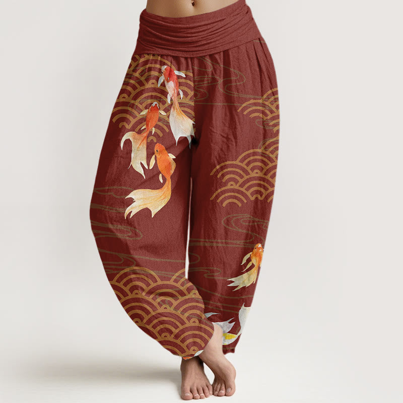 Pantalon harem pour femme en pur coton, motif vagues en éventail, orné de Buddha Stones et de carpes koï rouges. - FireBrick - US16，UK/AU20，EU48 (3XL) - image 5