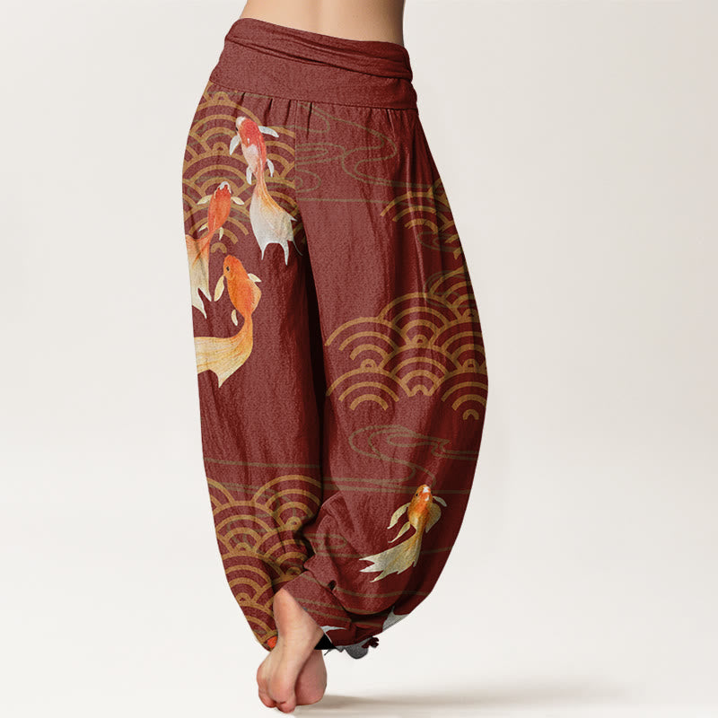 Pantalon harem pour femme en pur coton, motif vagues en éventail, orné de Buddha Stones et de carpes koï rouges. - image 6