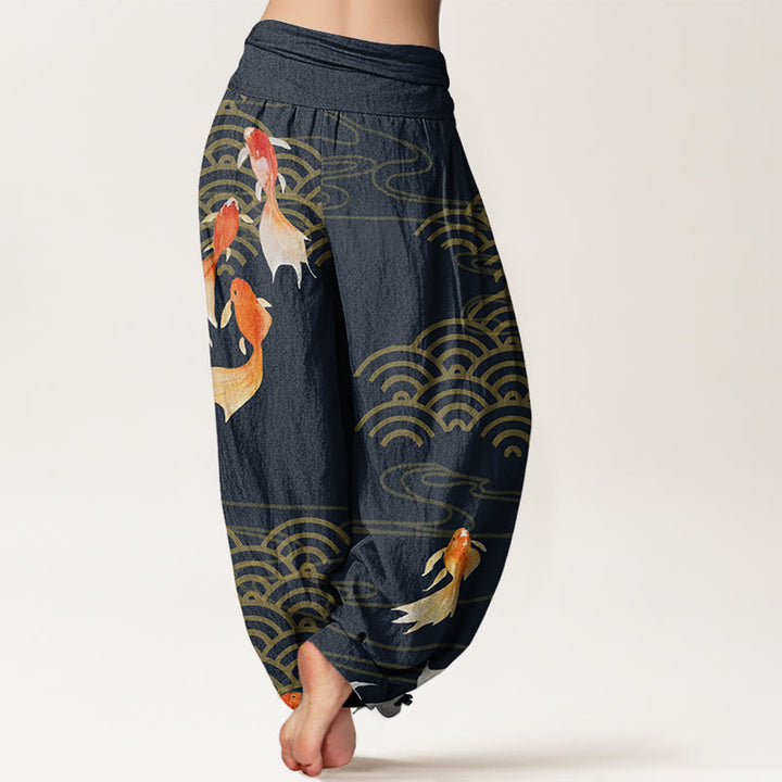 Pantalon harem pour femme en pur coton, motif vagues en éventail, orné de Buddha Stones et de carpes koï rouges. - image 9
