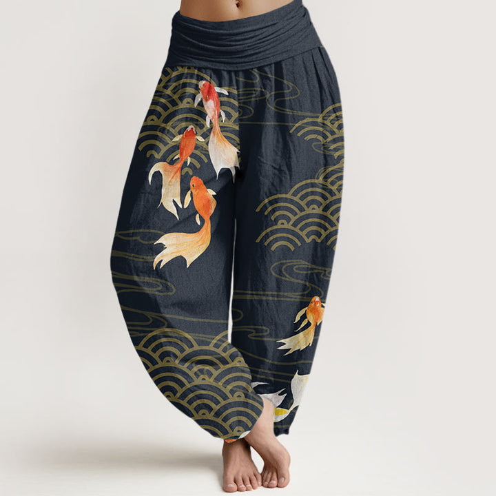 Pantalon harem pour femme en pur coton, motif vagues en éventail, orné de Buddha Stones et de carpes koï rouges. - Noir - US16，UK/AU20，EU48 (3XL) - image 8