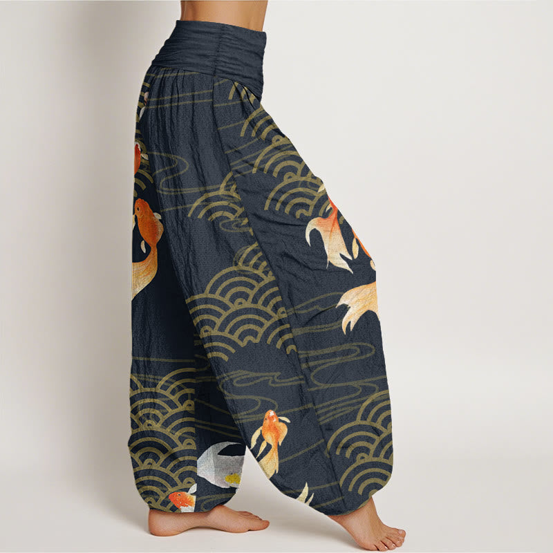 Pantalon harem pour femme en pur coton, motif vagues en éventail, orné de Buddha Stones et de carpes koï rouges. - image 10