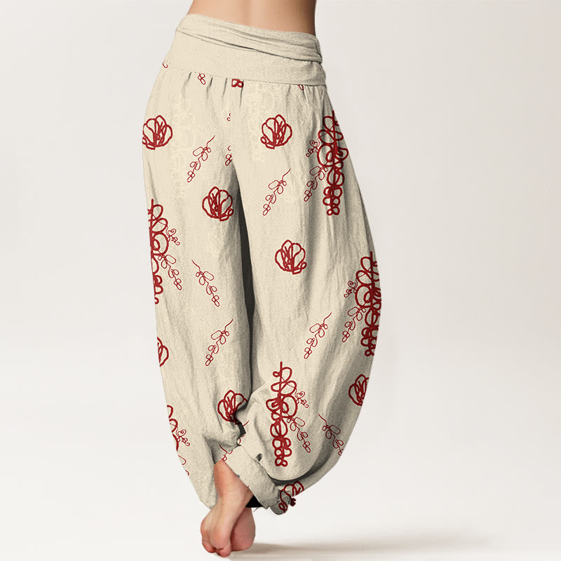 Pantalon harem en coton à taille élastique pour femme, imprimé de Buddha Stones, de fleurs et de branches peintes à la main - image 1