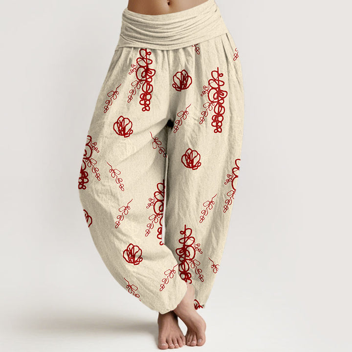 Pantalon harem en coton à taille élastique pour femme, imprimé de Buddha Stones, de fleurs et de branches peintes à la main - Beige et rouge - US16，UK/AU20，EU48 (3XL) - image 0