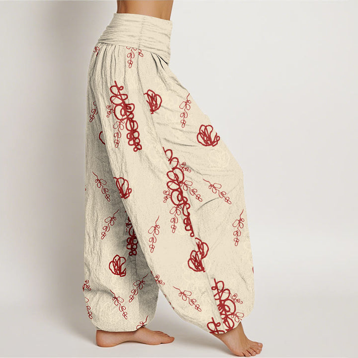 Pantalon harem en coton à taille élastique pour femme, imprimé de Buddha Stones, de fleurs et de branches peintes à la main - image 2