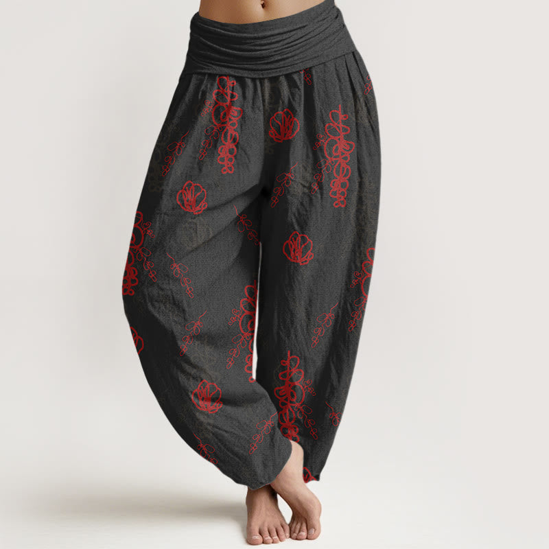 Pantalon harem en coton à taille élastique pour femme, imprimé de Buddha Stones, de fleurs et de branches peintes à la main - Noir et rouge - US16，UK/AU20，EU48 (3XL) - image 5
