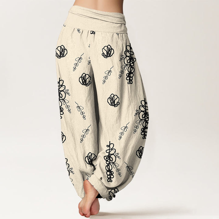 Pantalon harem en coton à taille élastique pour femme, imprimé de Buddha Stones, de fleurs et de branches peintes à la main - image 9