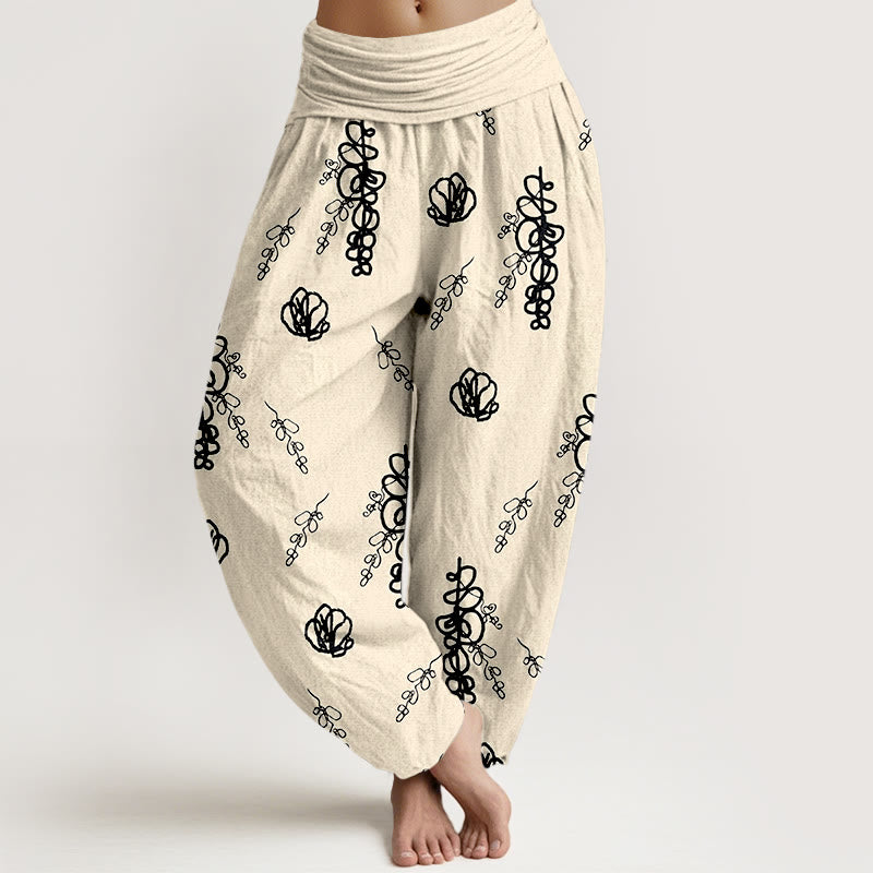 Pantalon harem en coton à taille élastique pour femme, imprimé de Buddha Stones, de fleurs et de branches peintes à la main - Beige et noir - US16，UK/AU20，EU48 (3XL) - image 8