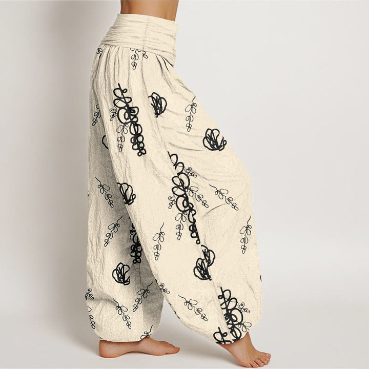 Pantalon harem en coton à taille élastique pour femme, imprimé de Buddha Stones, de fleurs et de branches peintes à la main - image 10