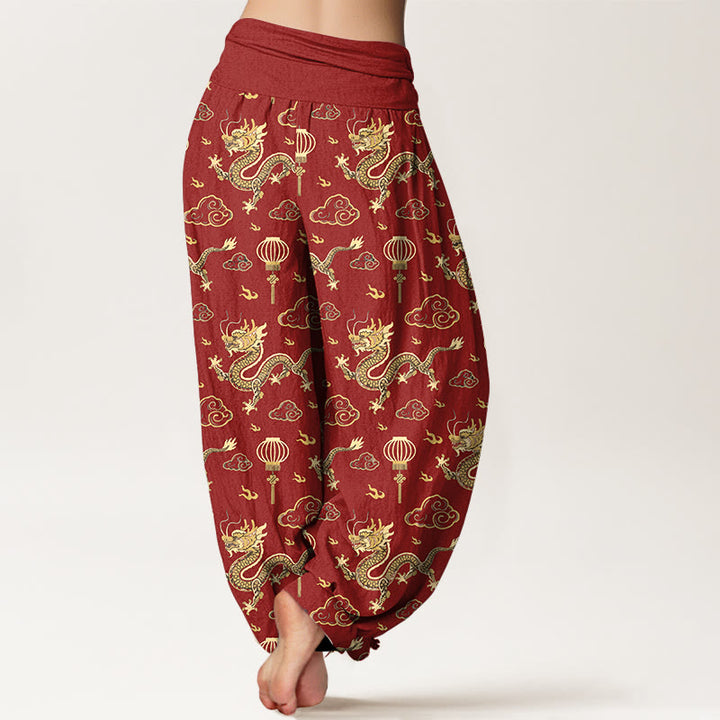 Pantalon harem en coton à taille élastique pour femme, imprimé de Buddha Stones , de dragon et de lanterne nuageuse porte-bonheur. - image 1