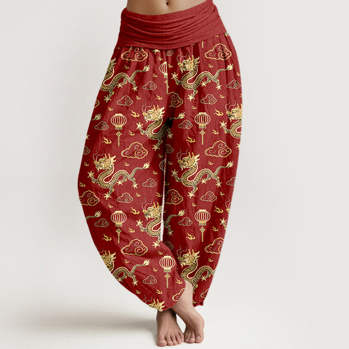 Pantalon harem en coton à taille élastique pour femme, imprimé de Buddha Stones , de dragon et de lanterne nuageuse porte-bonheur. - Rouge - US16，UK/AU20，EU48 (3XL) - image 0