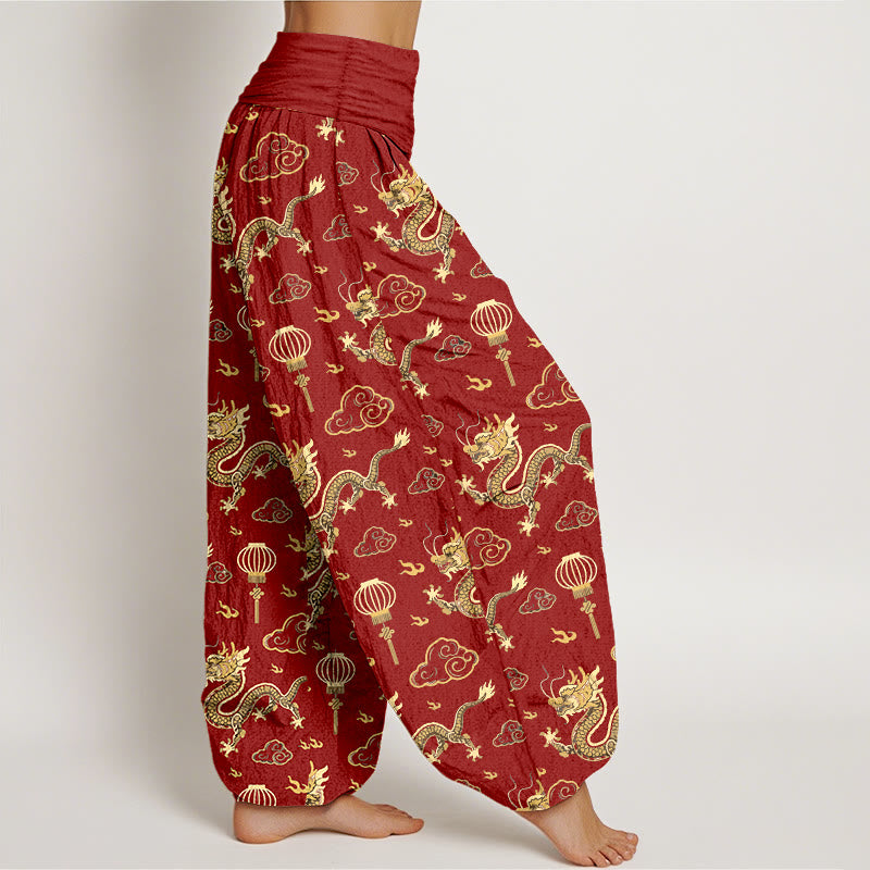 Pantalon harem en coton à taille élastique pour femme, imprimé de Buddha Stones , de dragon et de lanterne nuageuse porte-bonheur. - image 2