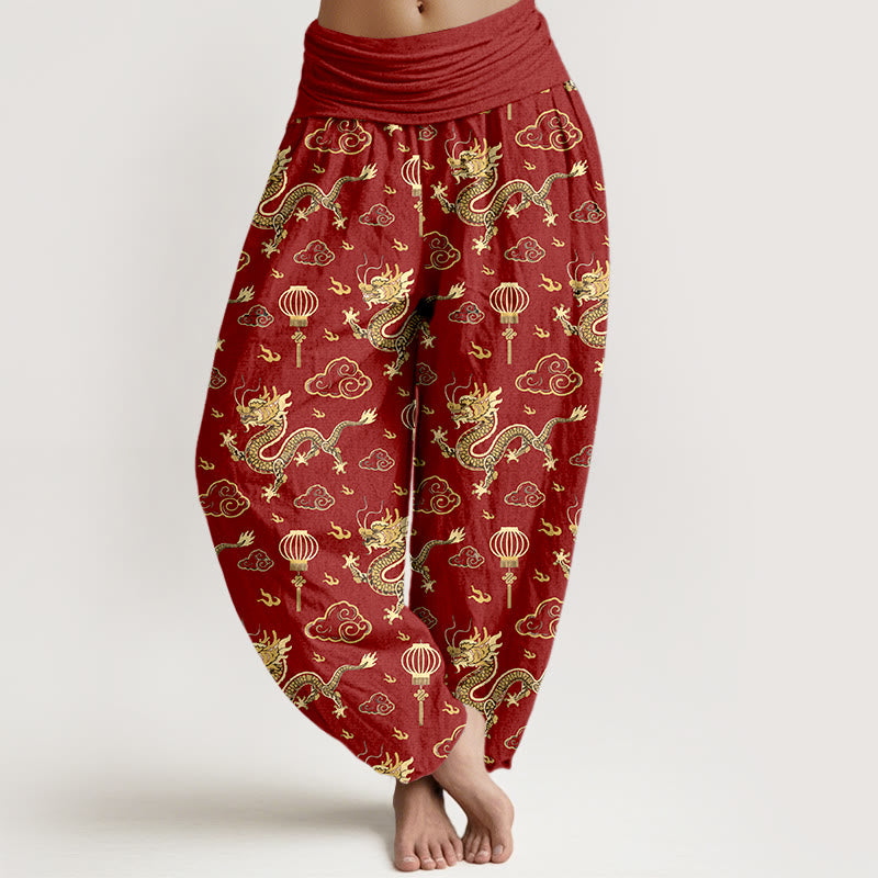 Pantalon harem en coton à taille élastique pour femme, imprimé de Buddha Stones , de dragon et de lanterne nuageuse porte-bonheur. - Rouge - US16，UK/AU20，EU48 (3XL) - image 0