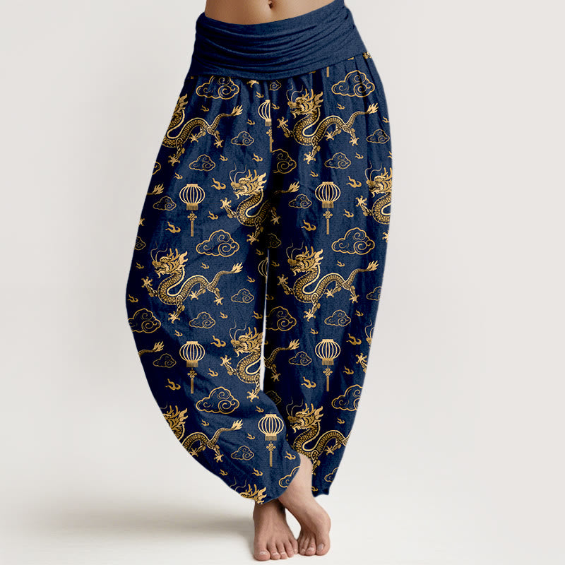 Pantalon harem en coton à taille élastique pour femme, imprimé de Buddha Stones , de dragon et de lanterne nuageuse porte-bonheur. - Bleu nuit - US16，UK/AU20，EU48 (3XL) - image 5