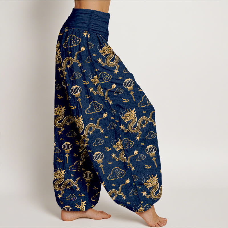 Pantalon harem en coton à taille élastique pour femme, imprimé de Buddha Stones , de dragon et de lanterne nuageuse porte-bonheur. - image 7