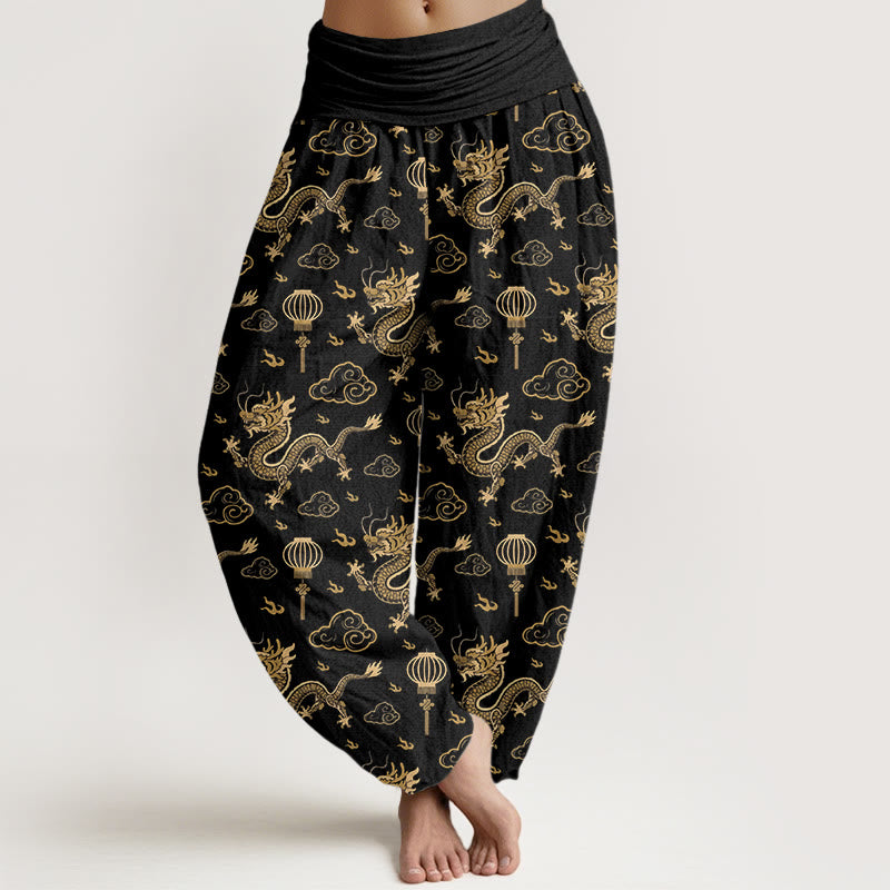 Pantalon harem en coton à taille élastique pour femme, imprimé de Buddha Stones , de dragon et de lanterne nuageuse porte-bonheur. - Noir - US16，UK/AU20，EU48 (3XL) - image 8