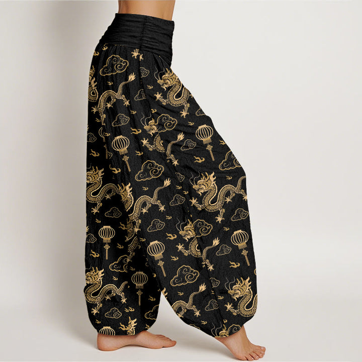 Pantalon harem en coton à taille élastique pour femme, imprimé de Buddha Stones , de dragon et de lanterne nuageuse porte-bonheur. - image 10