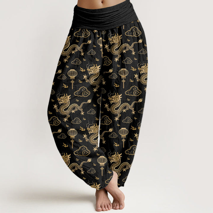 Pantalon harem en coton à taille élastique pour femme, imprimé de Buddha Stones , de dragon et de lanterne nuageuse porte-bonheur. - Noir - US16，UK/AU20，EU48 (3XL) - image 8