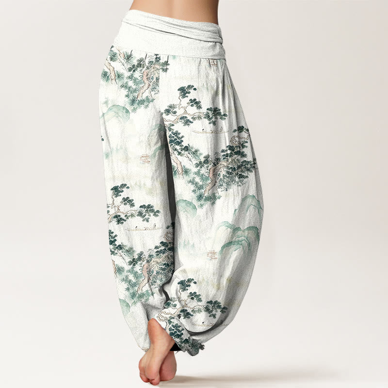 Pantalon harem femme en pur coton, taille élastique, imprimé Buddha Stones, pins et montagnes - image 1
