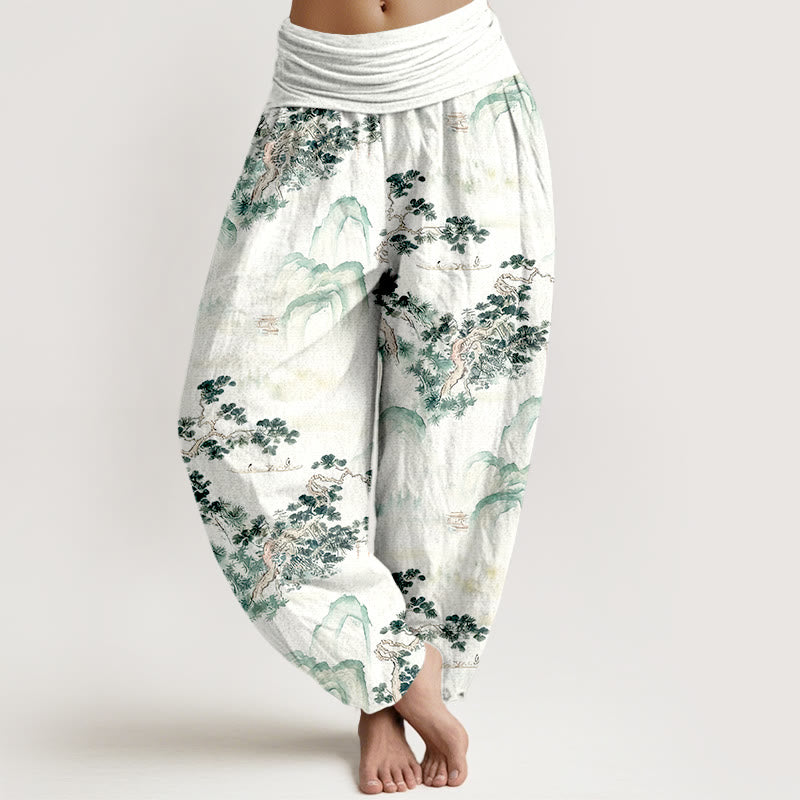 Pantalon harem femme en pur coton, taille élastique, imprimé Buddha Stones, pins et montagnes - Vert d'eau - US16，UK/AU20，EU48 (3XL) - image 0