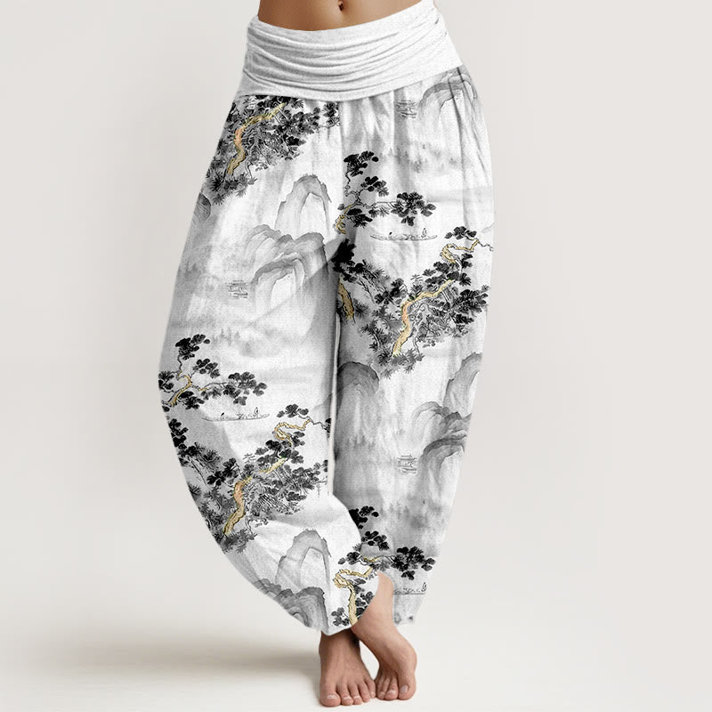 Pantalon harem femme en pur coton, taille élastique, imprimé Buddha Stones, pins et montagnes - Noir - US16，UK/AU20，EU48 (3XL) - image 5